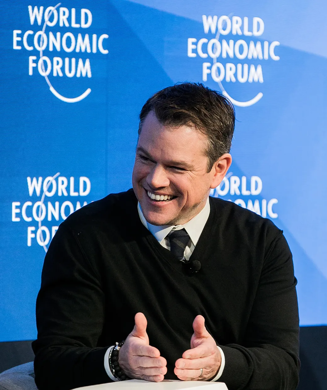 Matt Damon speaking at the World Economic Forum.